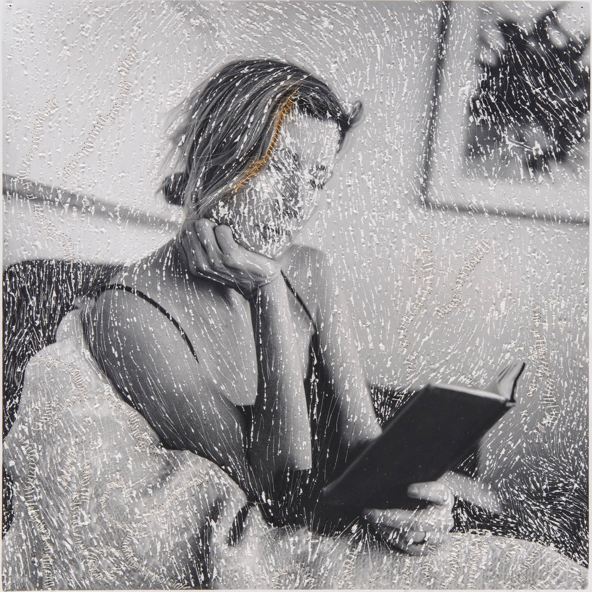 Melissa Zexter Portrait Photograph - Reader- black and white embroidered photography portrait woman with book