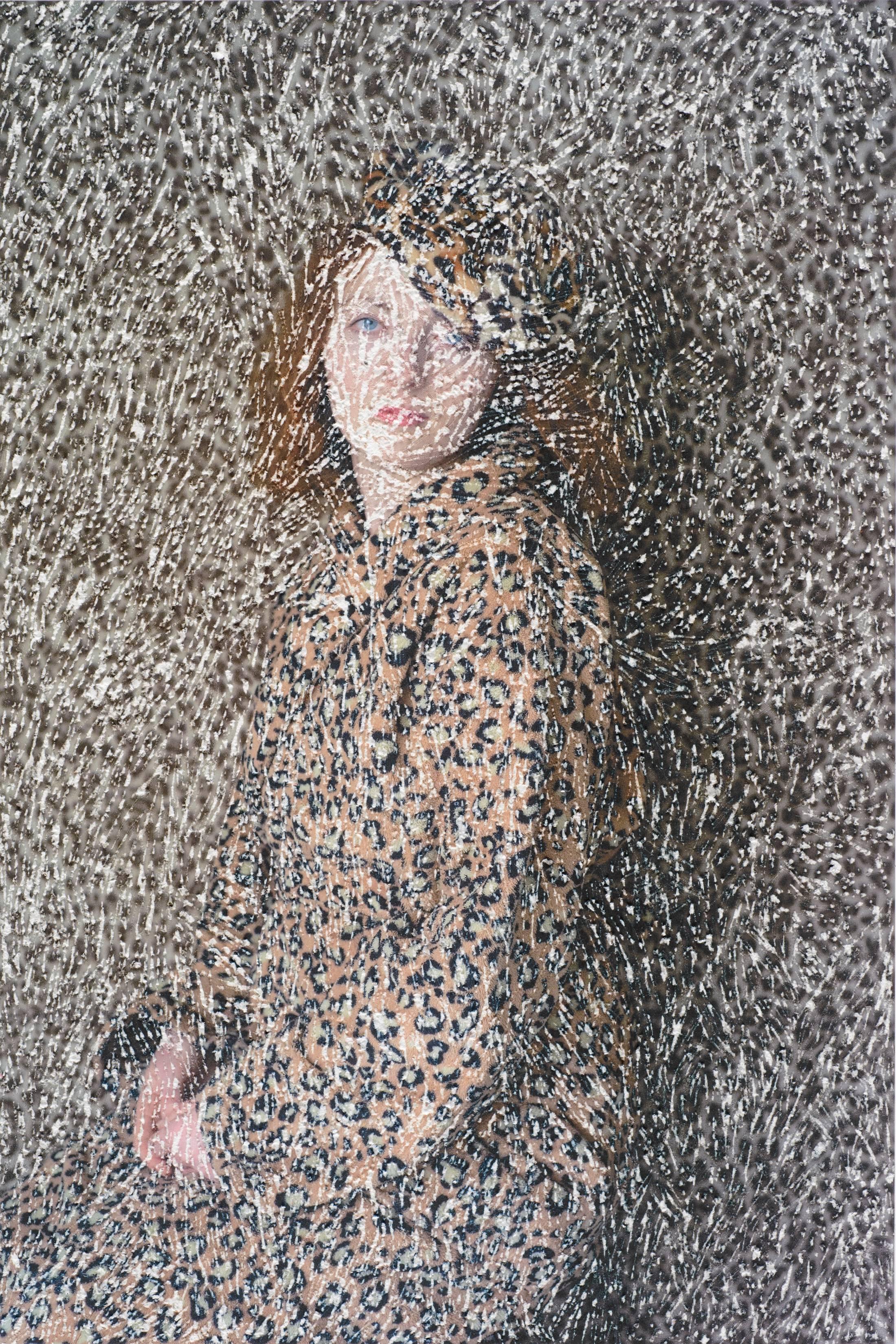 Melissa Zexter Portrait Photograph - Blue eye- contemporary embroidered photography portrait woman in leopard coat
