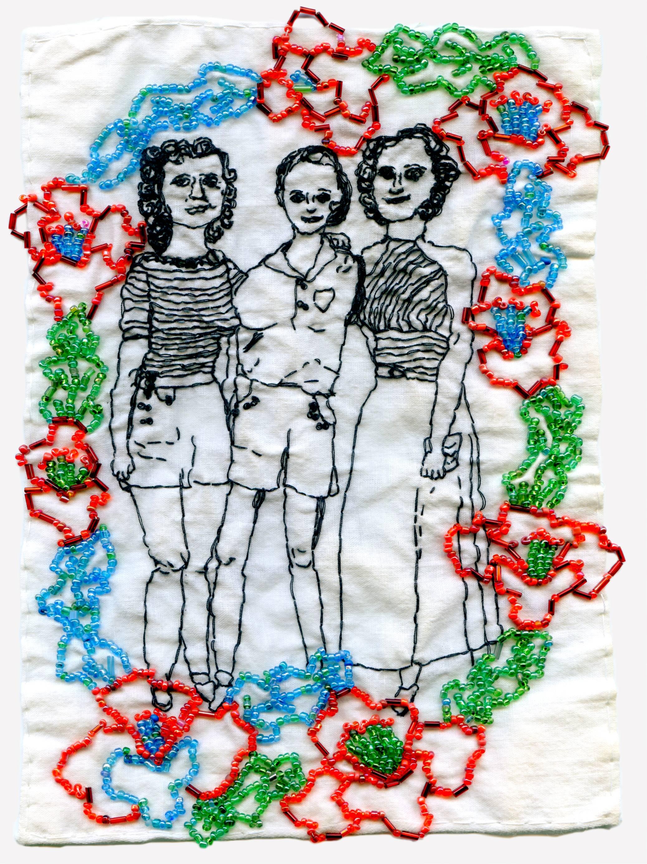 The three sisters- embroidered portrait on fabric - Mixed Media Art by Iviva Olenick