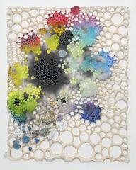 Tathata- Abstract Geometric Molecular Painting on Paper, Thread and Map Fragment 9
