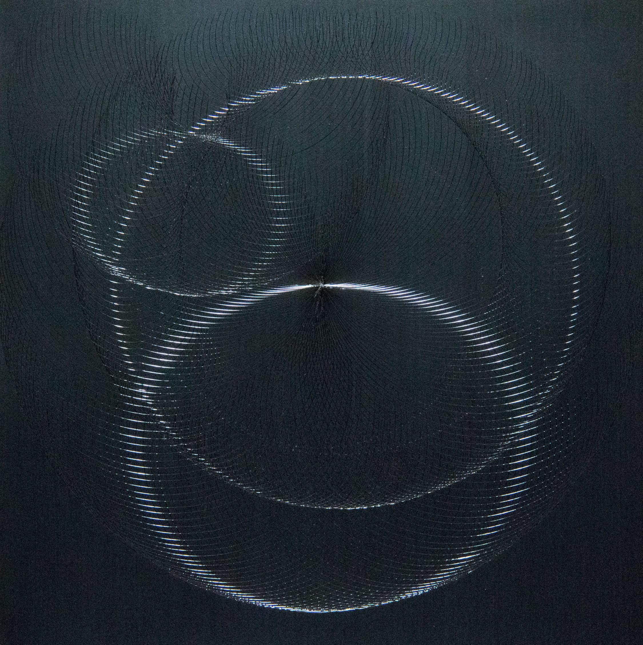 James Minden Abstract Drawing - Place-  abstract geometric holographic light drawing on wood panel