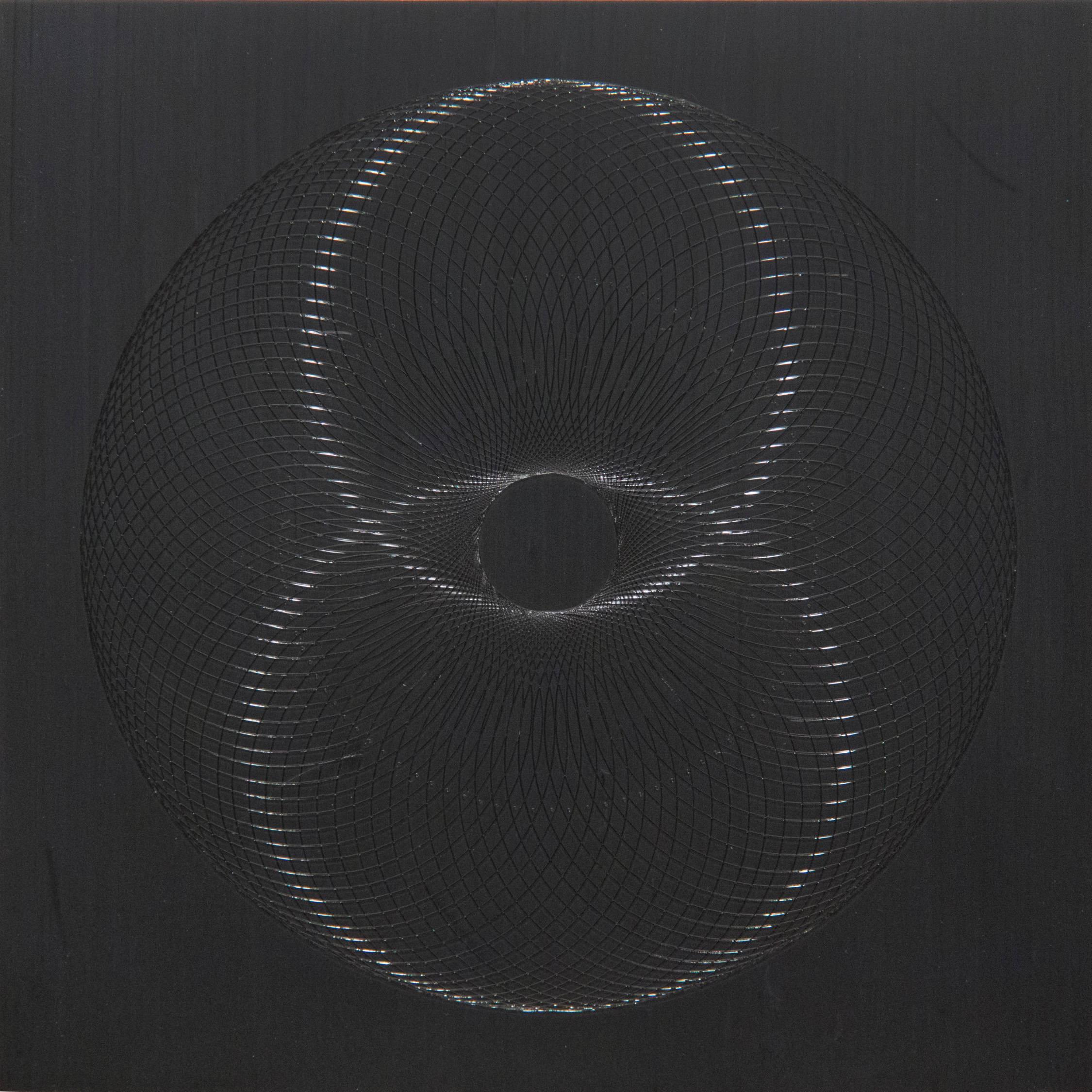 James Minden Abstract Drawing - Instill-  abstract geometric holographic light drawing on wood panel