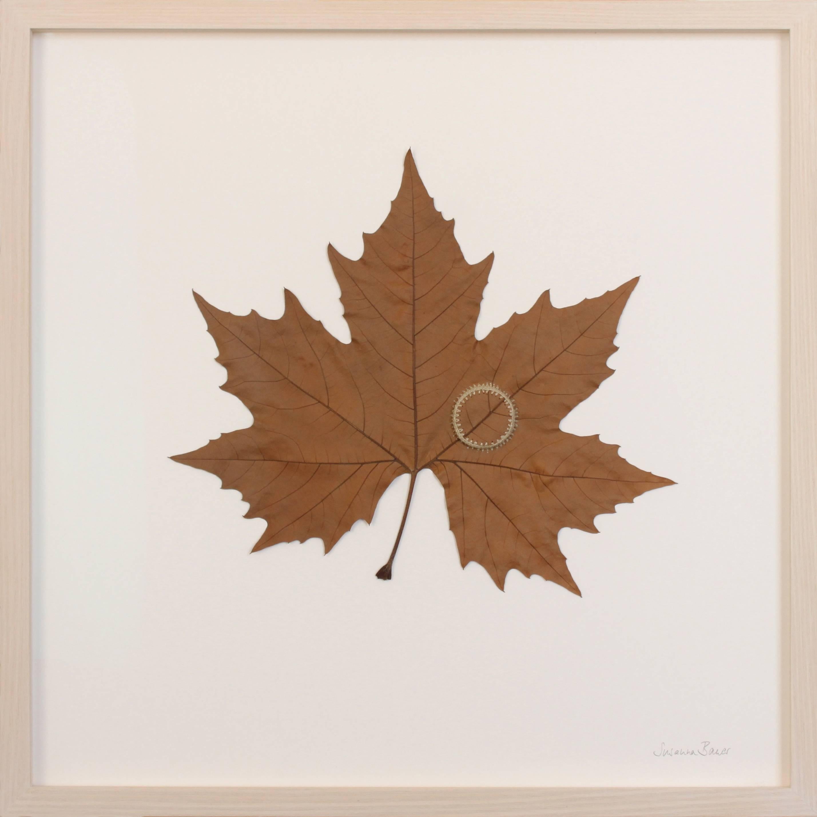 Heart II - embroidered leaf on paper - Mixed Media Art by Susanna Bauer