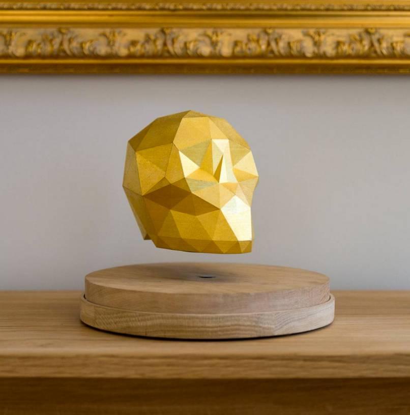 GK & AC Abstract Sculpture - Ankou Gold - levitating 3D printed skull with gold leaves and magnet