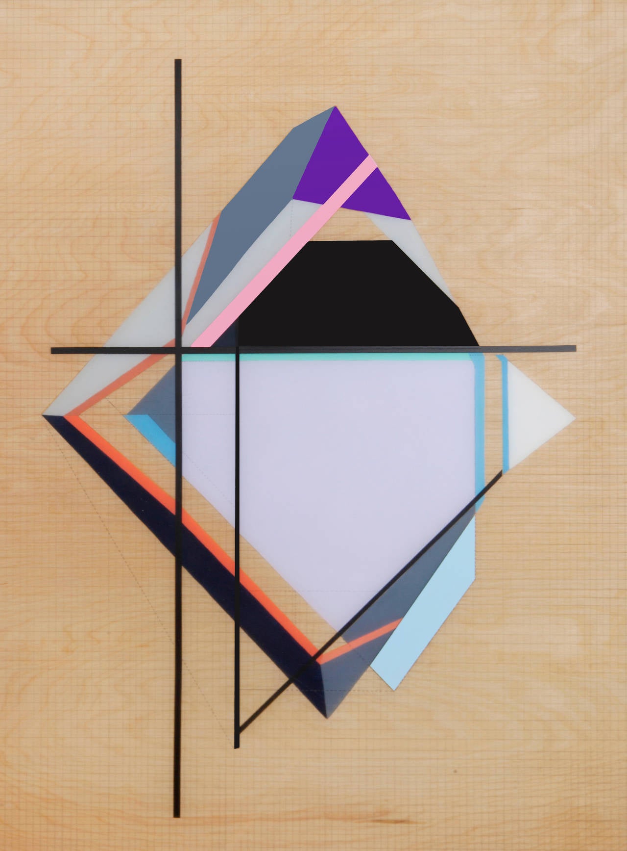 Zin Helena Song Abstract Painting – Grid Origami #5 – geometrisches Gemälde auf Holz, violett und schwarz