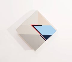 Origami #20 - Blue Cream and Red Square Geometric Sculptural Painting on Wood
