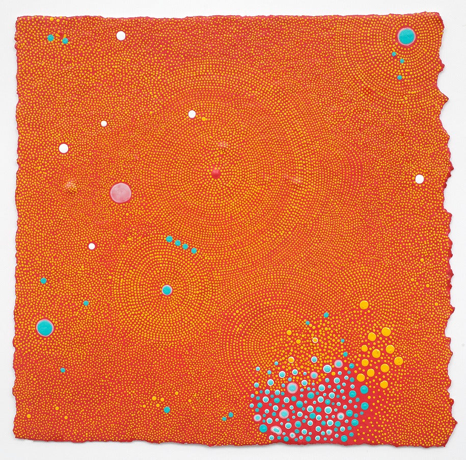Paula Overbay Abstract Painting - Turquoise Moon - Contemporary Abstract Orange Dot Painting on Paper