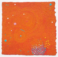 Turquoise Moon - Contemporary Abstract Orange Dot Painting on Paper