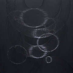 Realize - holographic 3D effect geometric drawing incisions on black board wood