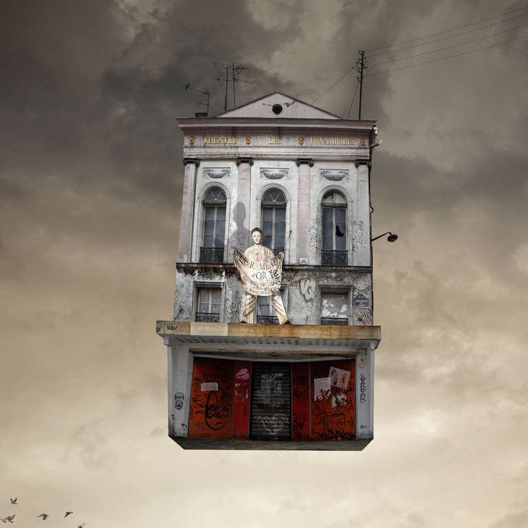 Laurent Chéhère Color Photograph - Show - Digital contemporary photograph of a Parisian theater with white mime
