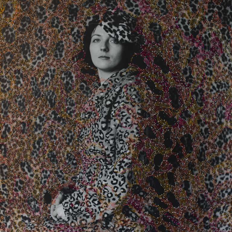Melissa Zexter Portrait Photograph - Leopard- contemporary embroidered portrait photography of a woman brown color