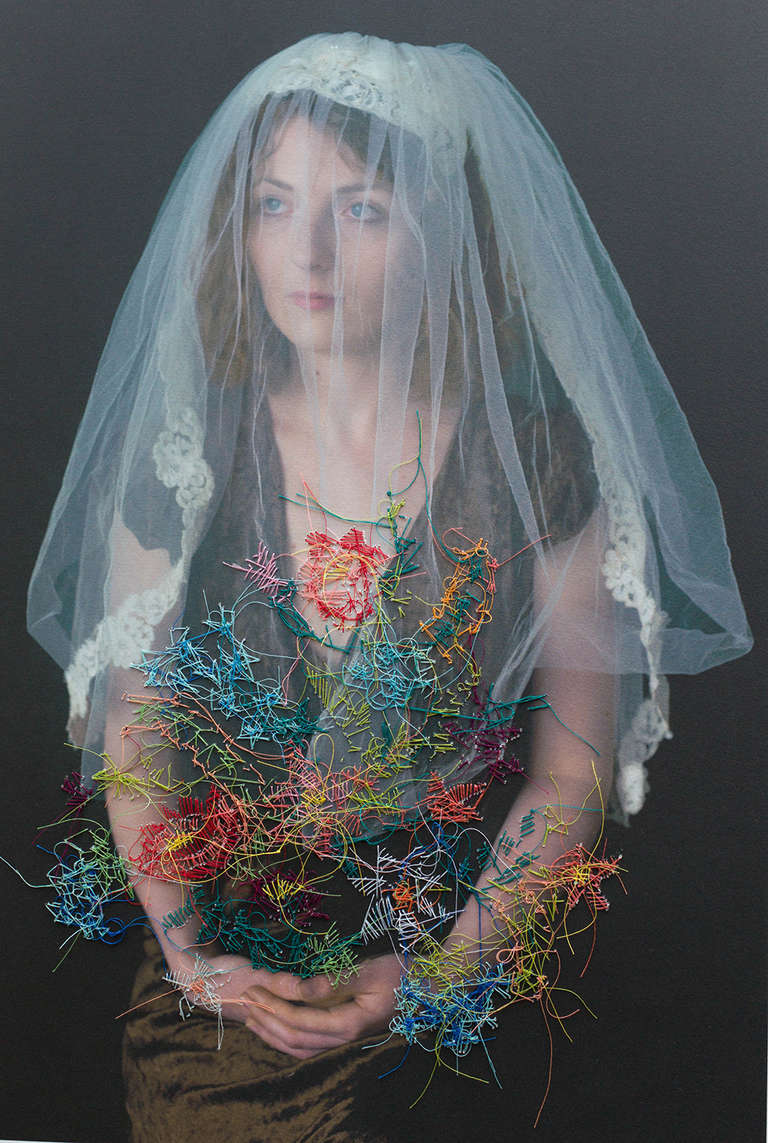 Melissa Zexter Portrait Photograph - Woman with Veil- colorful contemporary embroidered portrait photography woman