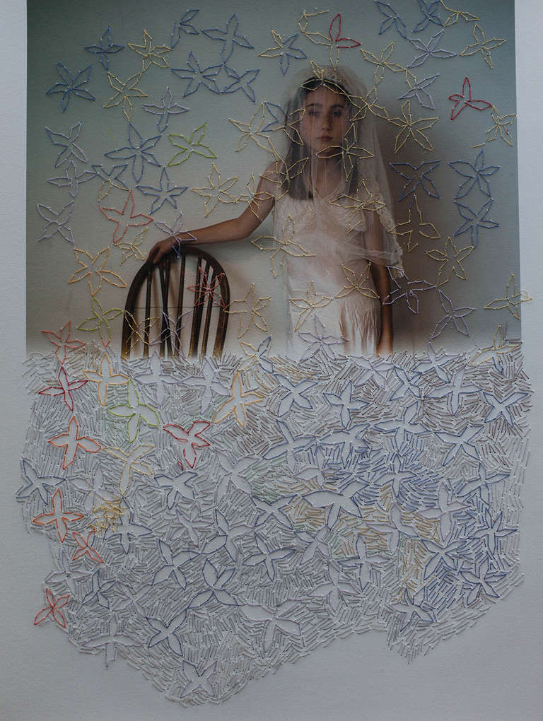 Melissa Zexter Figurative Photograph - Girl with Chair- embroidered portrait photography soft pastel color figurative