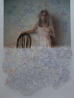 Girl with Chair- embroidered portrait photography soft pastel color figurative