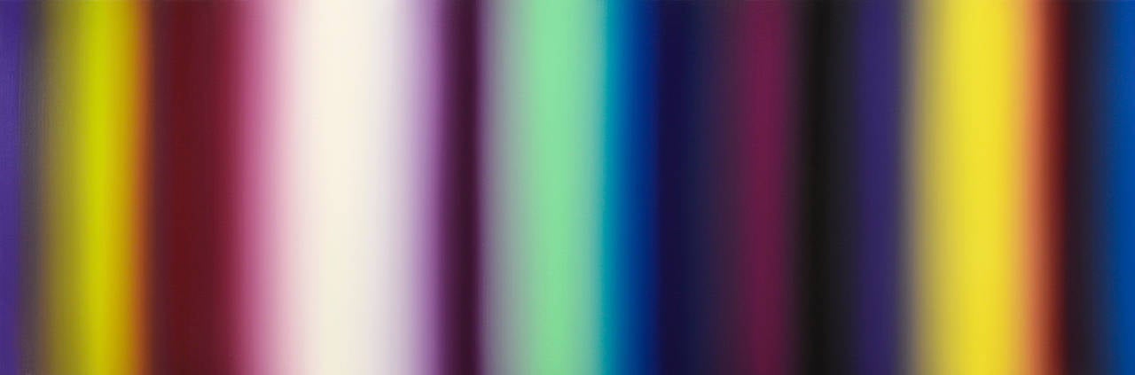 Abstract Painting Patrick Dintino - Sorcier - peinture à l'huile horizontale abstraite contemporaine à rayures de couleurs vives
