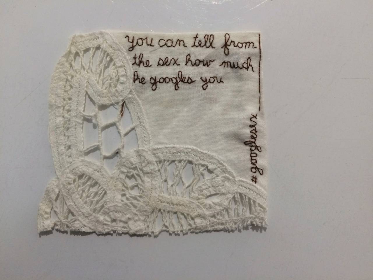 Can Tell From the Sex- written embroidery on fabric - Mixed Media Art by Iviva Olenick