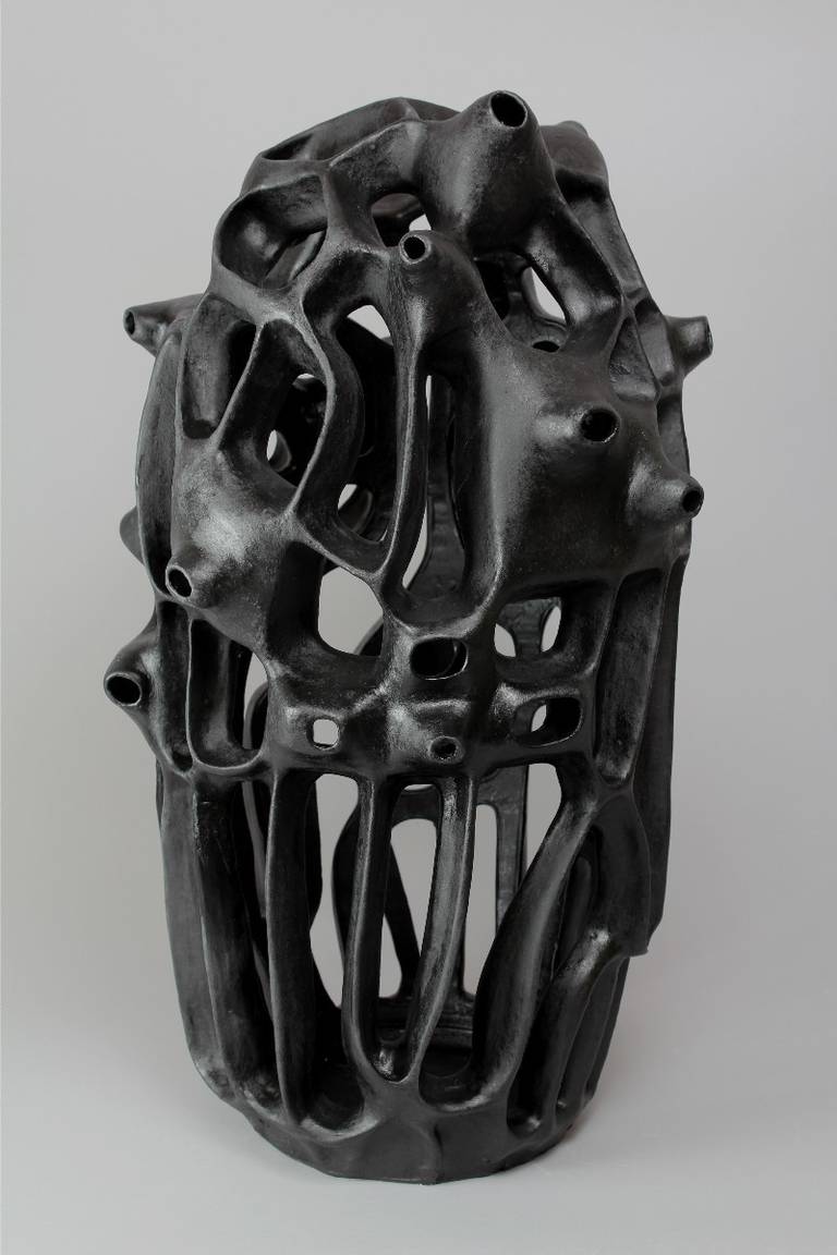 Joan Lurie Abstract Sculpture - Untitled #19 - Black Porcelain geometric organic sculpture 