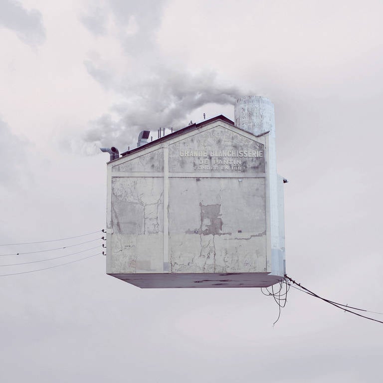 Laurent Chéhère Color Photograph - Laundry- white digital color photograph of a flying house