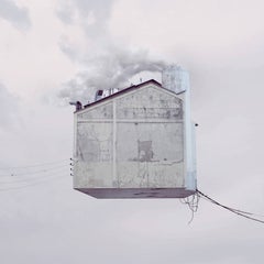 Laundry- white digital color photograph of a flying house