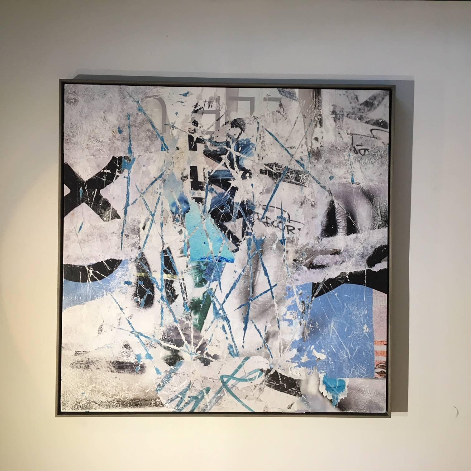 Cuts and Scrapes #1 - contemporary street art white and blue abstract painting - Gray Abstract Painting by David Fredrik Moussallem