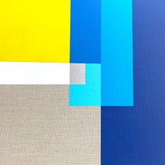 Paths 8 - quadro astratto geometrico in blu, bianco, argento e giallo su tela di lino