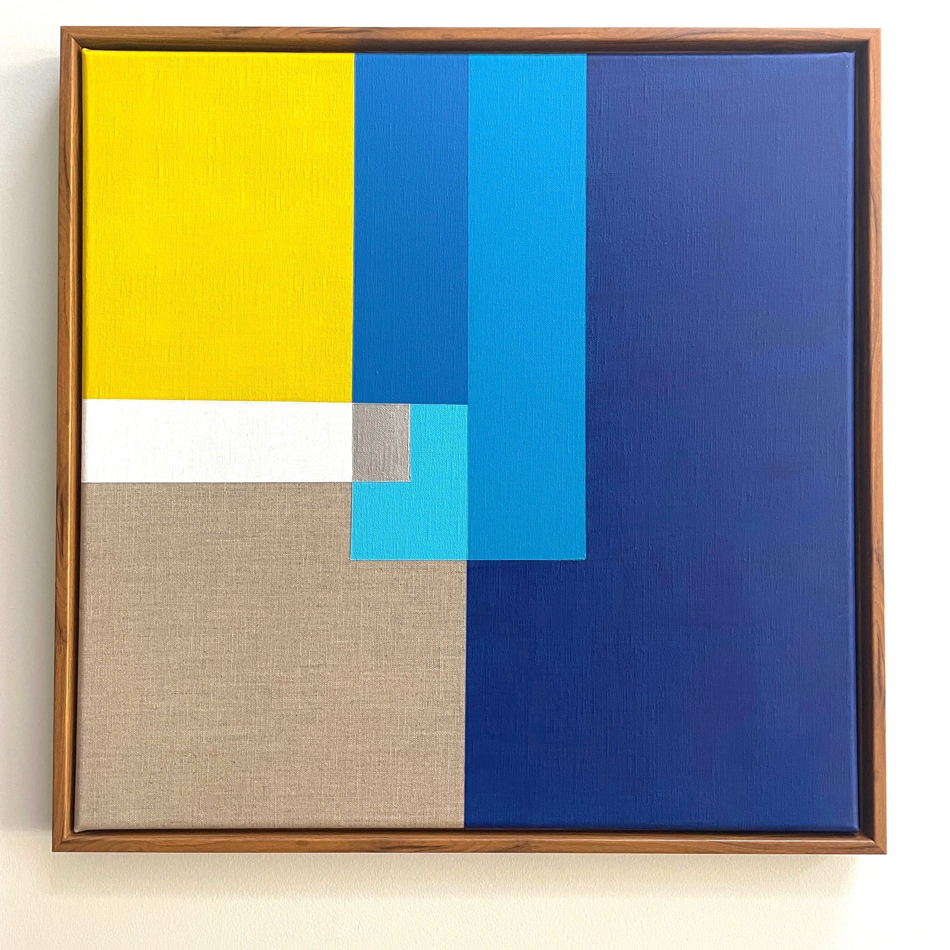 Marie Laforey Abstract Painting - Paths 8 - abstract geometric blue, white, silver, yellow painting on linen