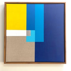 Paths 8 - abstract geometric blue, white, silver, yellow painting on linen