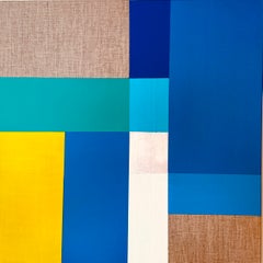 Paths 14 - quadro astratto geometrico in blu, bianco, argento e giallo su tela di lino