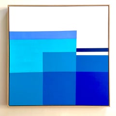 Paths G1 - large abstract geometric blue, white, silver painting on linen