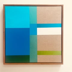Paths 19 – abstraktes, geometrisches Gemälde in Blau, Grün und Weiß auf Leinen