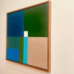 Paths 21 – abstraktes, geometrisches Gemälde in Blau, Grün und Weiß auf Leinen