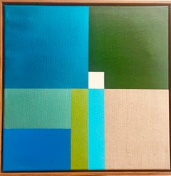 Paths 21 – abstraktes, geometrisches Gemälde in Blau, Grün und Weiß auf Leinen