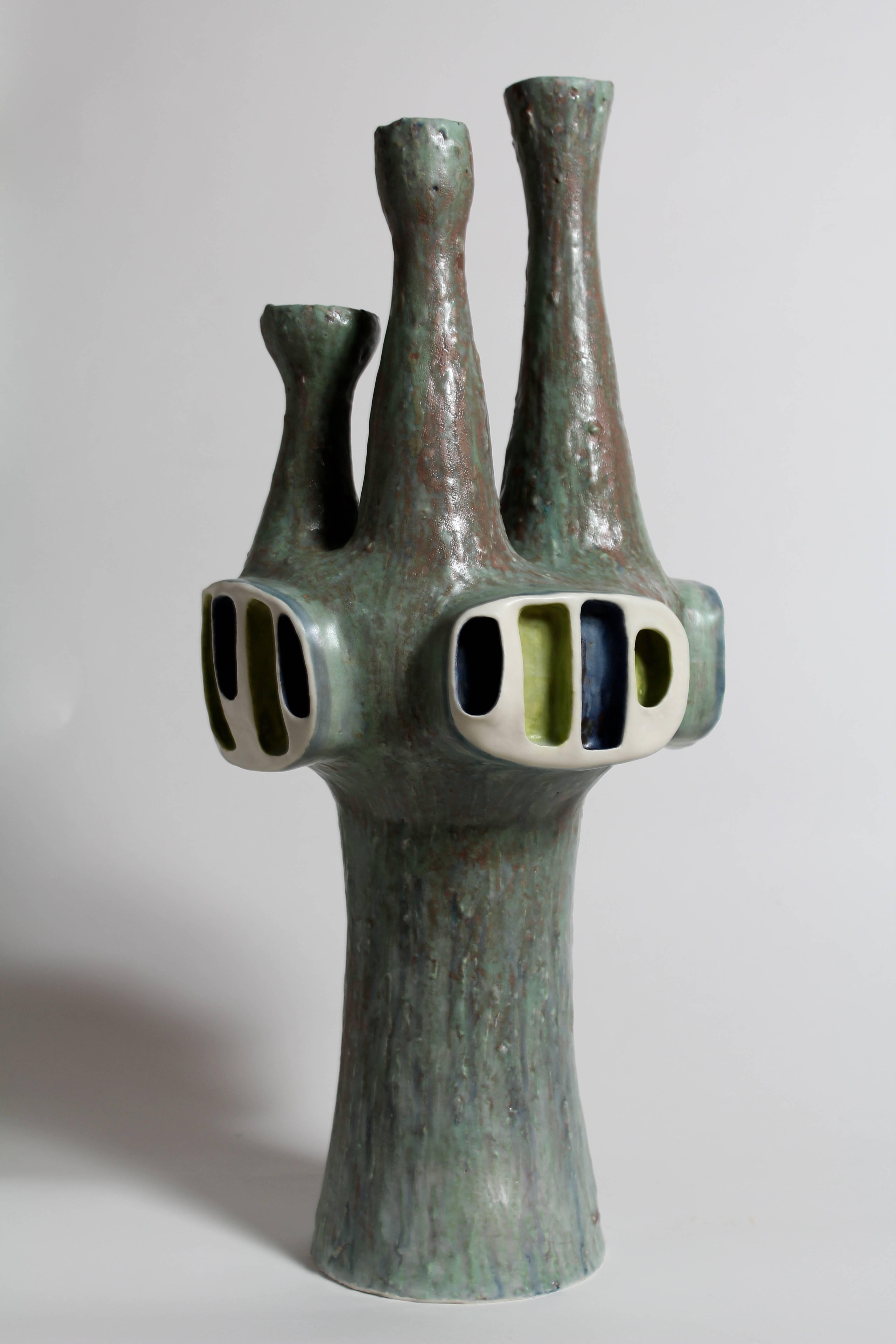 untitled- chartreuse blue green abstract geometric porcelain sculpture - Sculpture by Joan Lurie