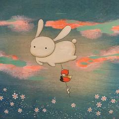 Floating Giant Bunny - whimsical pastel color painting on wood panel