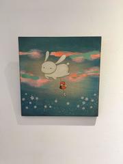 Floating Giant Bunny - whimsical pastel color painting on wood panel