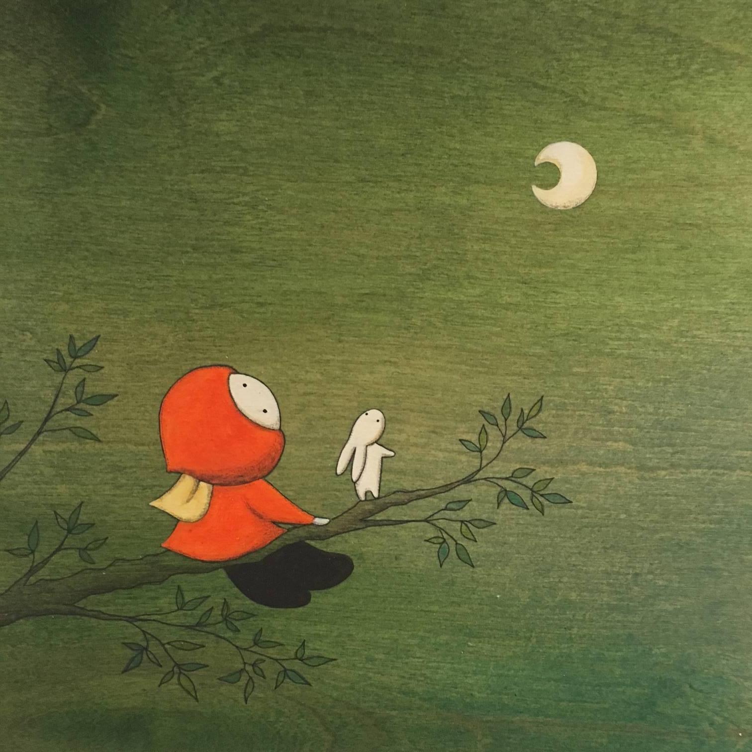 Naoko Stoop Figurative Painting - Forest - green whimsical painting on wood of girl looking at the moon