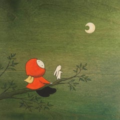 Forest - green whimsical painting on wood of girl looking at the moon