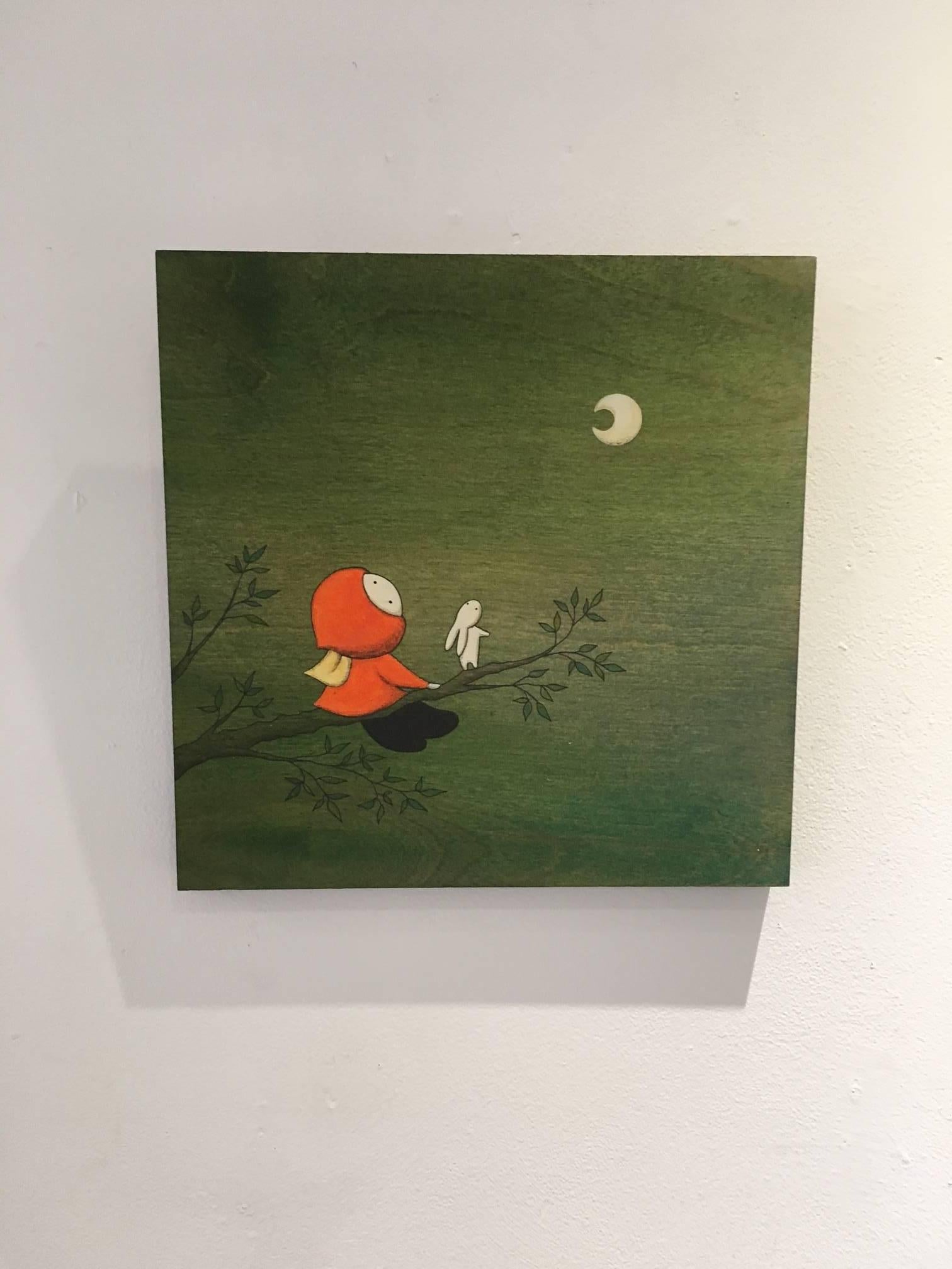 Forest - green whimsical painting on wood of girl looking at the moon - Painting by Naoko Stoop