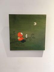 Forest - green whimsical painting on wood of girl looking at the moon