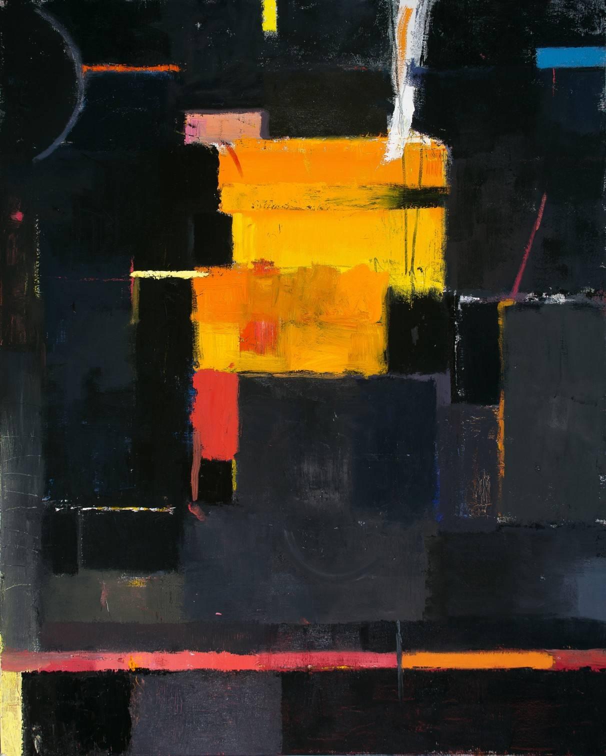 David Michael Slonim Abstract Painting - Fragment of song - Large black orange textural abstract oil painting