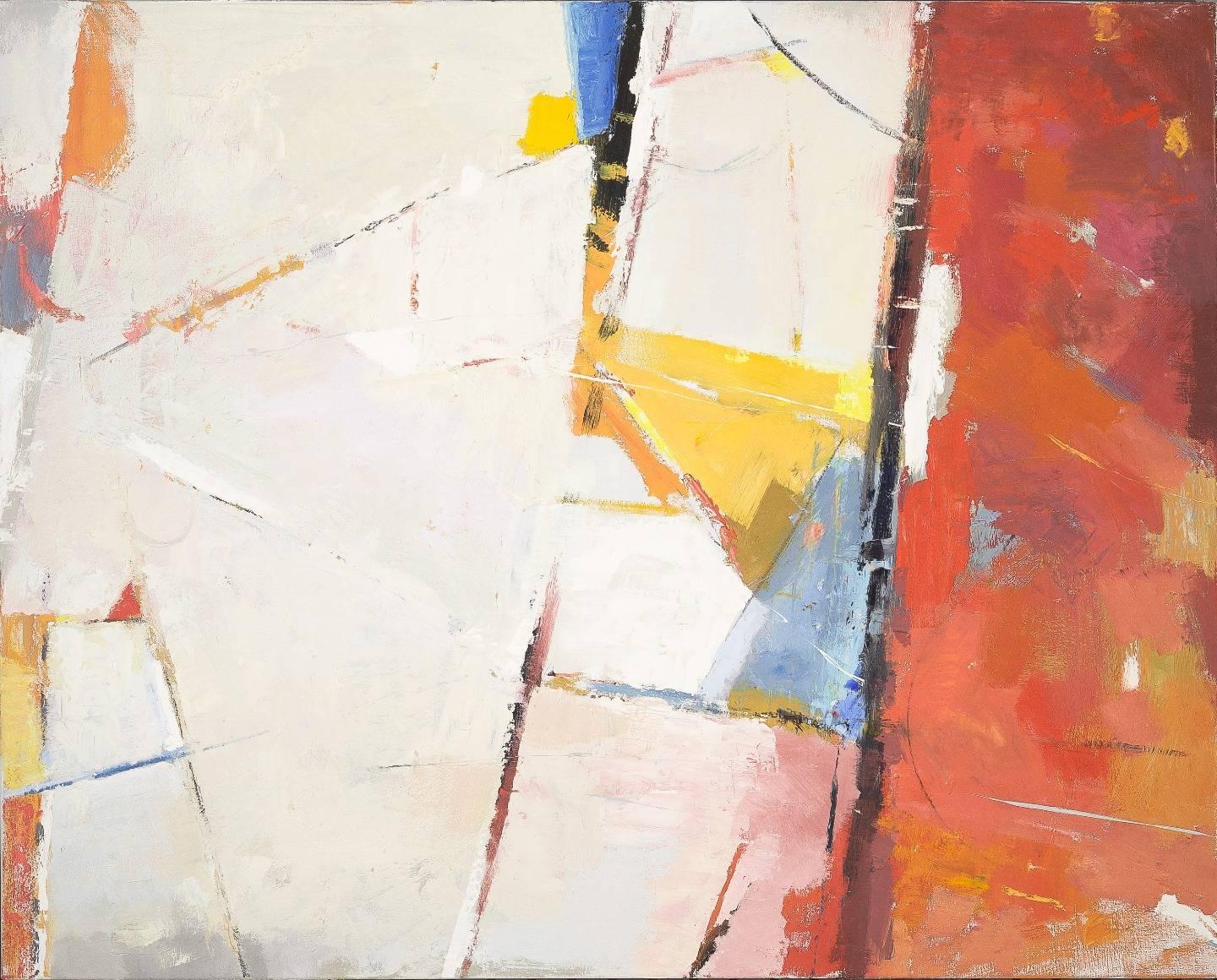 David Michael Slonim Abstract Painting - Improv #11 - abstract horizontal soft color blue red white yellow oil painting