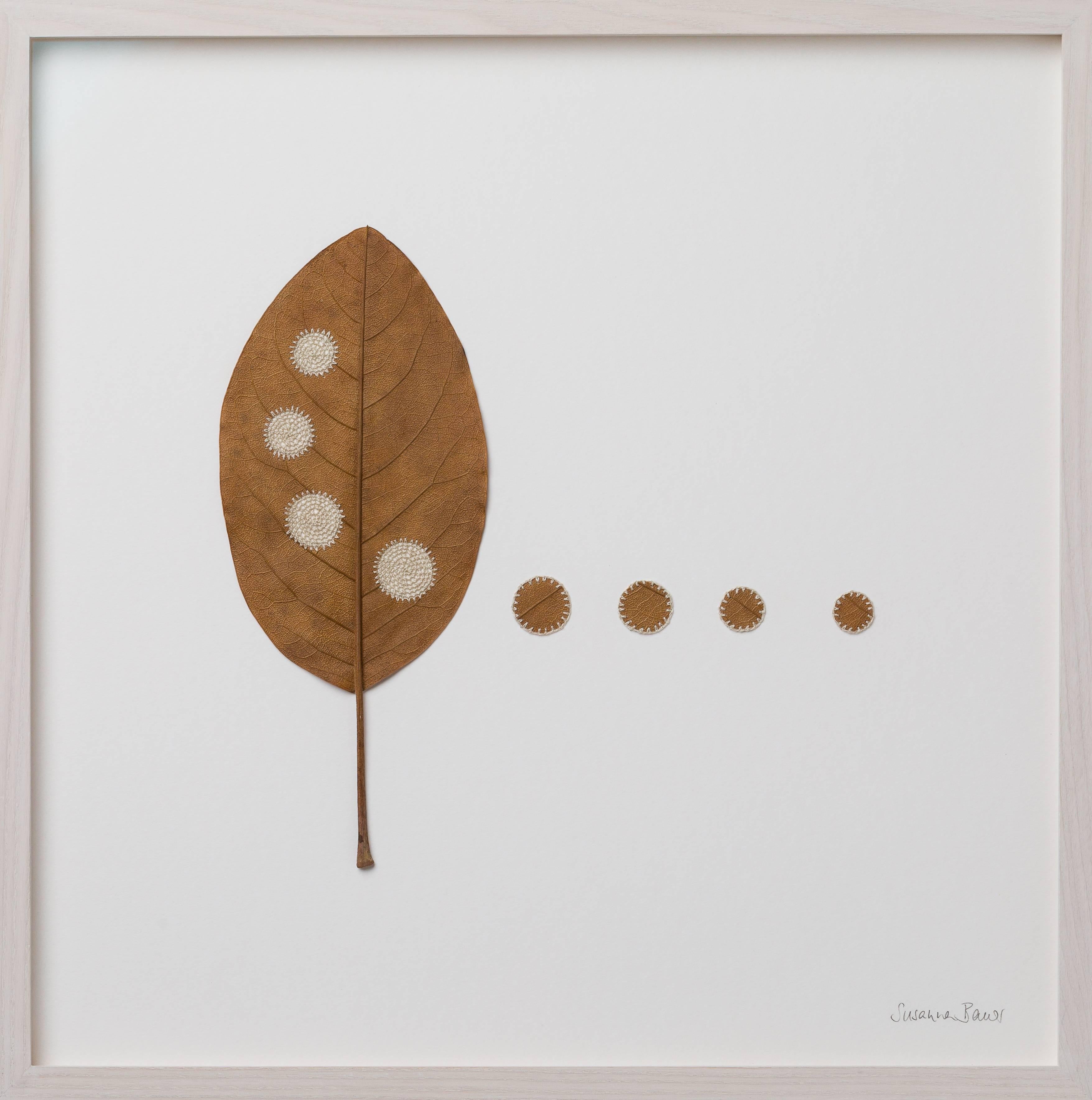 Four Circles II- embroidery leaf on paper - Mixed Media Art by Susanna Bauer