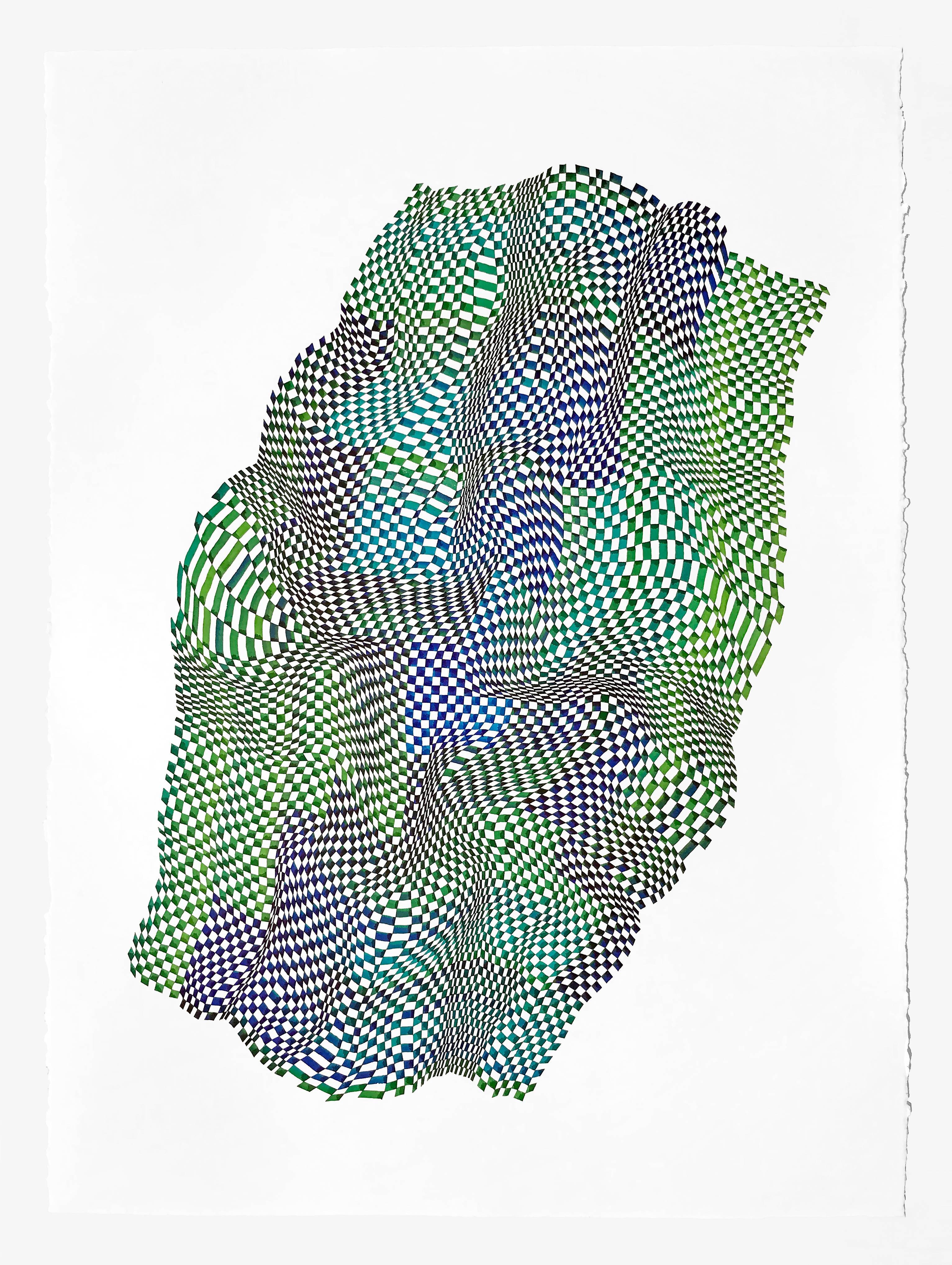 Dana Piazza Abstract Drawing - Squares 19- abstract bright color blue green dominant color ink drawing on paper