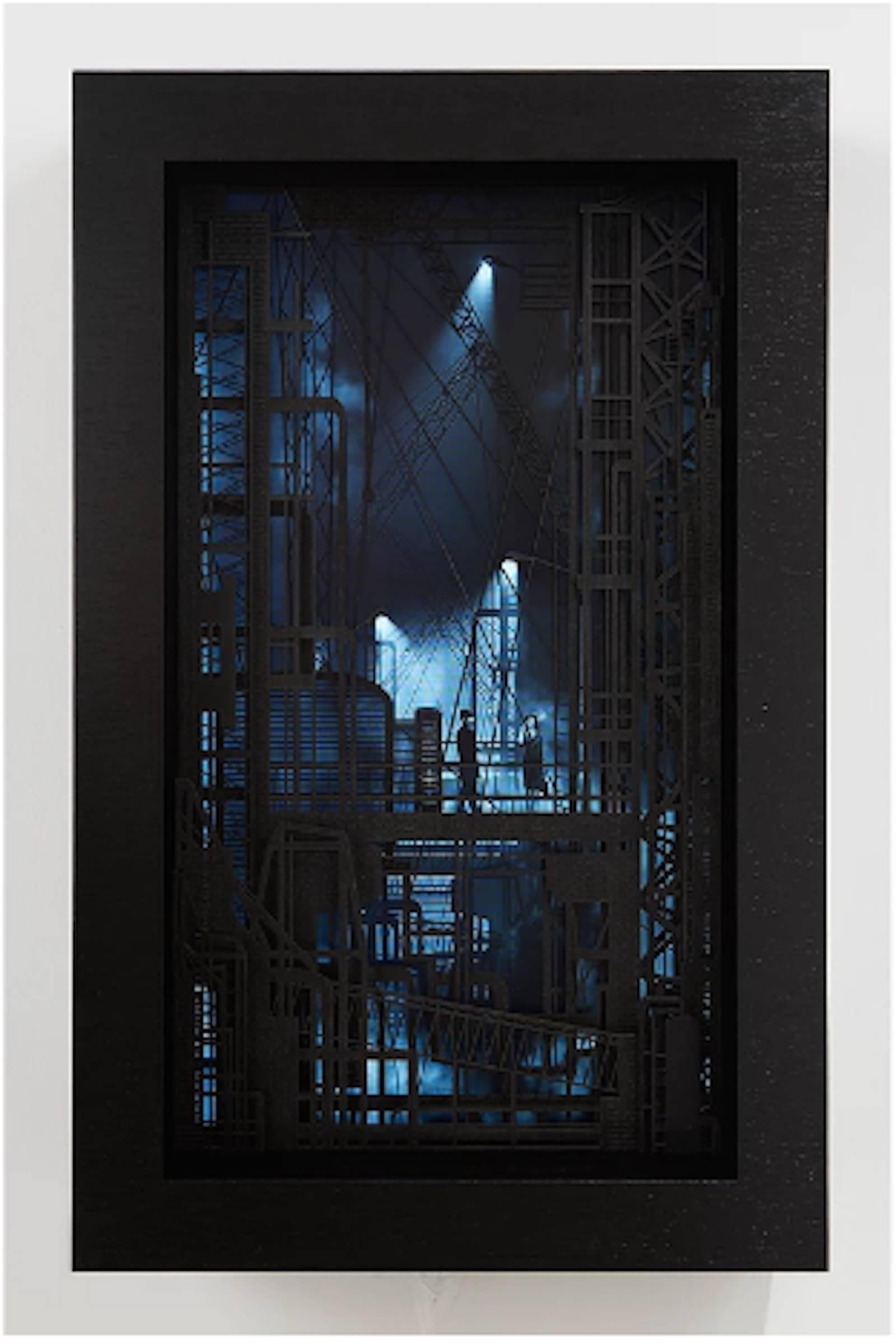 Factory-  video wall sculpture inspired by film noir by the McGuire studio - Art by Davy and Kristin McGuire
