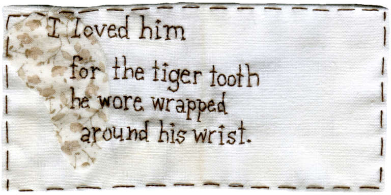 Tiger Tooth- narrative embroidery on fabric - Mixed Media Art by Iviva Olenick
