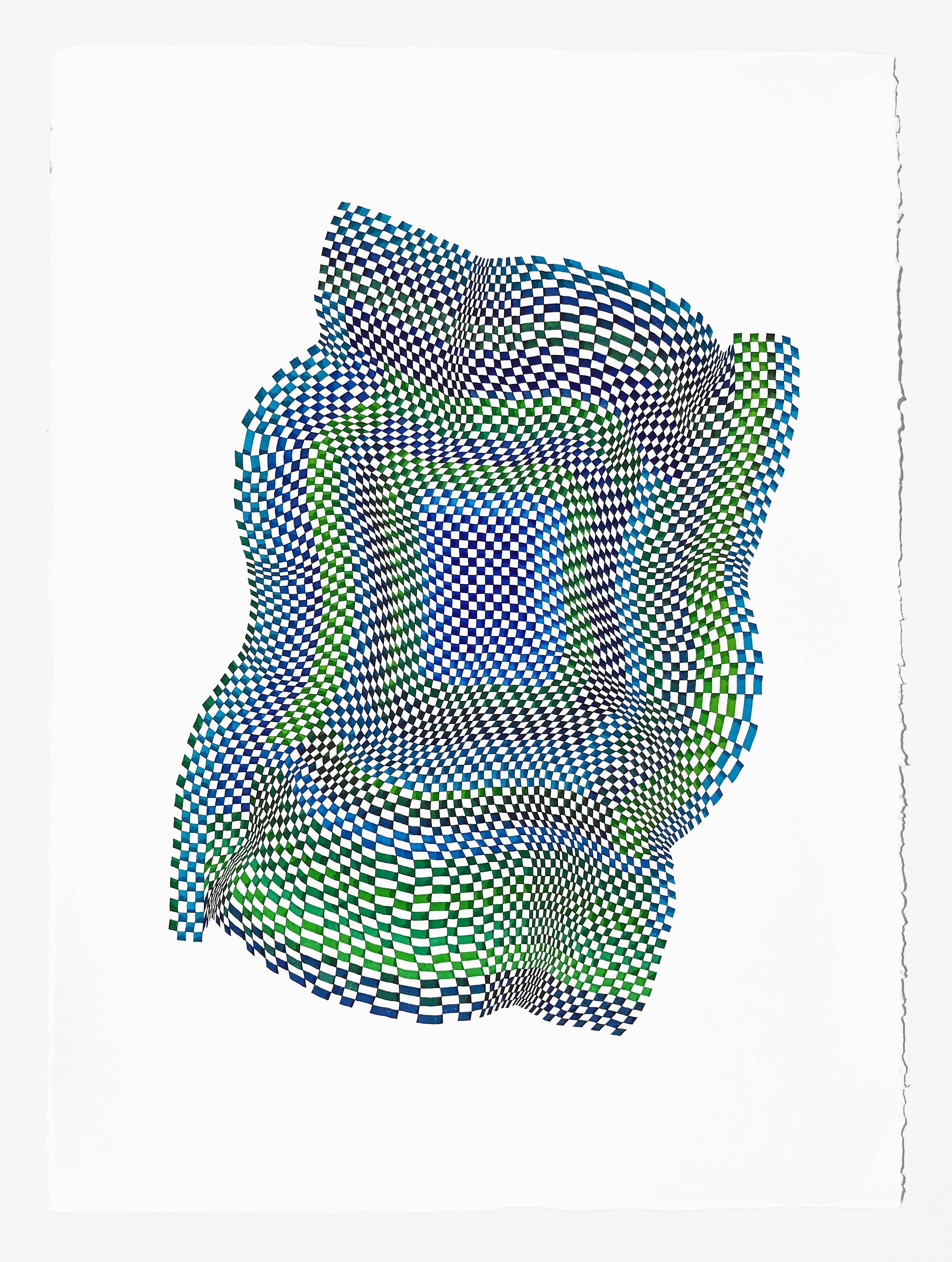 Dana Piazza Abstract Drawing – Quadratische Quadrate 17- abstrakte, helle, blau-grüne, dominierte Farbtinte auf Papier