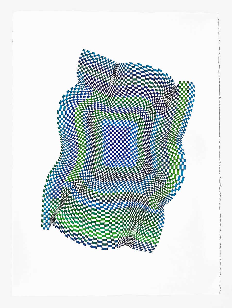 Squares 17- abstract bright color blue green dominant color ink drawing on paper
