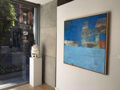 Parklife - large contemporary abstract blue, beige oil painting
