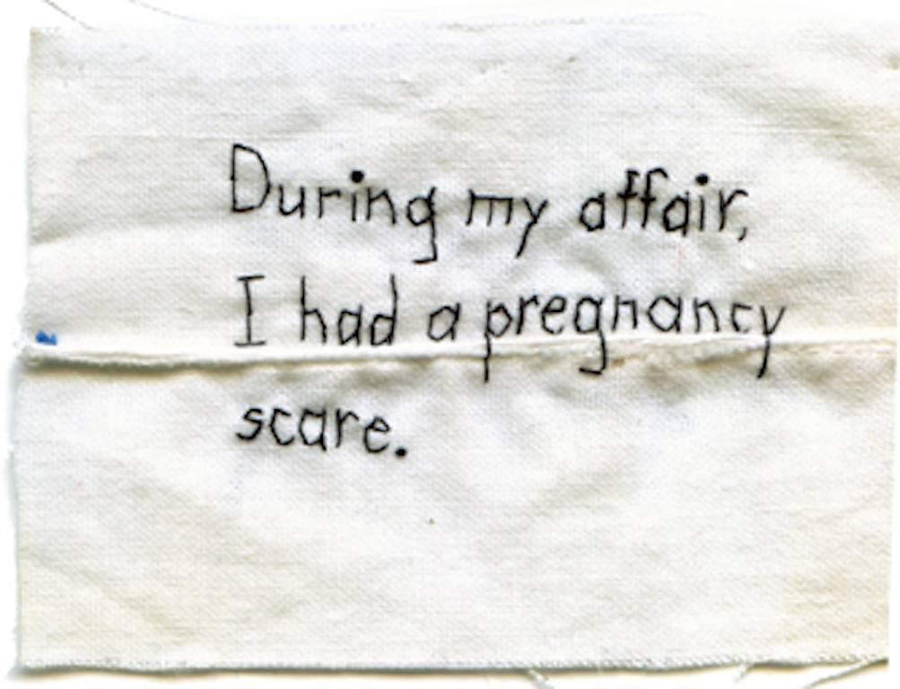 Pregnancy Scare- written embroidered fabric - Mixed Media Art by Iviva Olenick