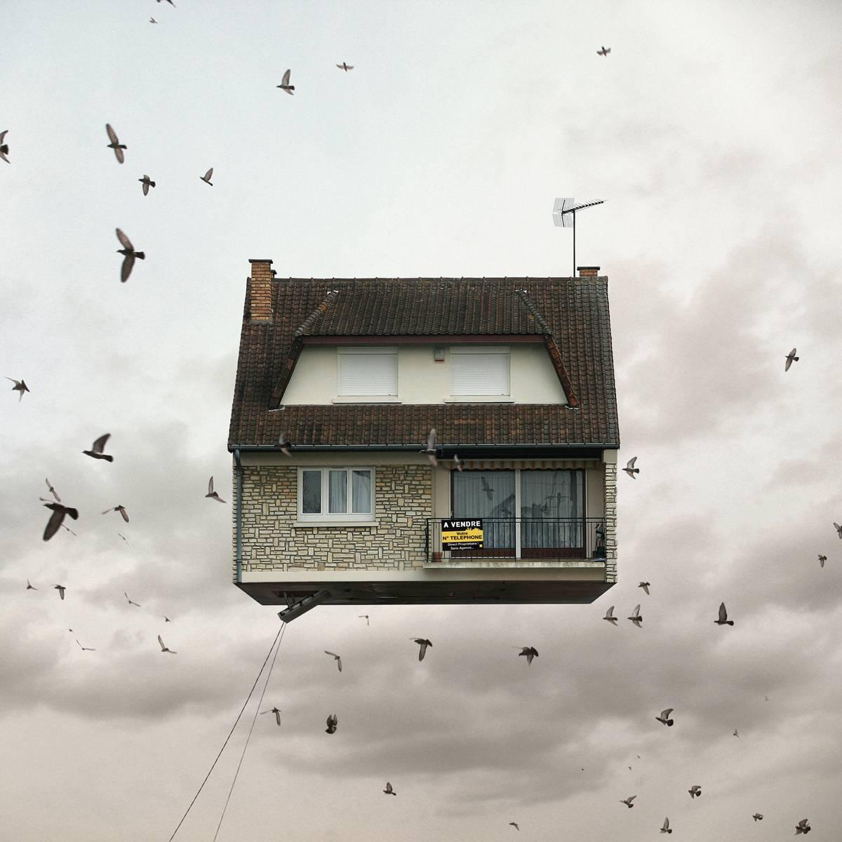 For Sale - Comptemporary whimsical digital color photograph of flying house